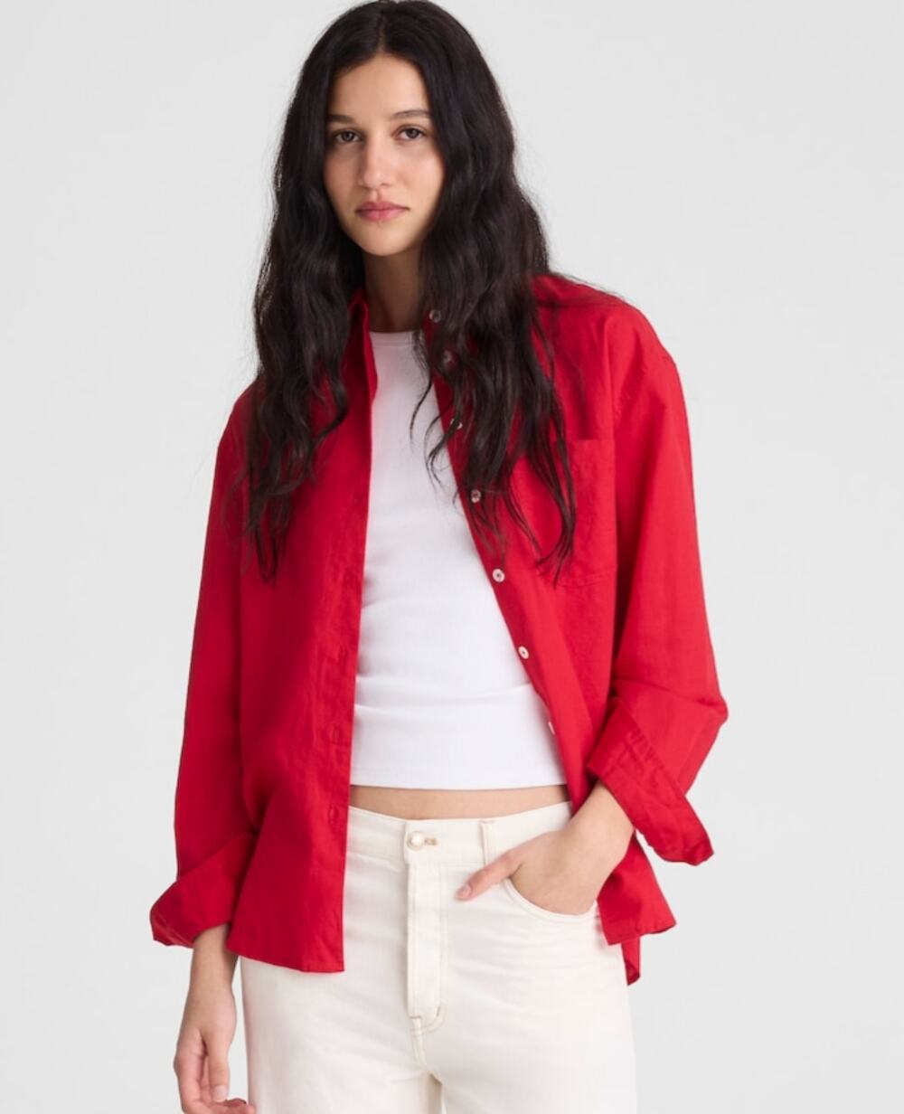 Madewell Easy Shirt Linen S NWT Red Minimalist Coastal Top Button OA396